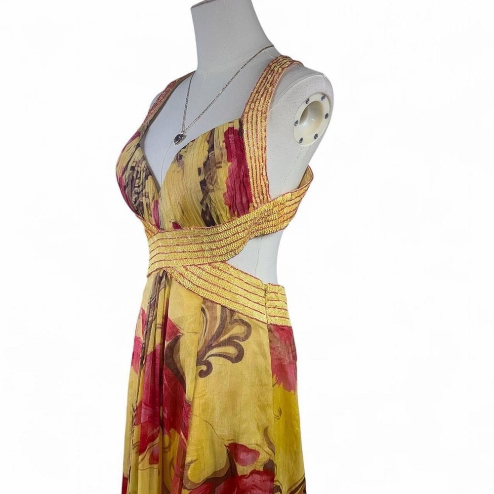 Y2K vintage La Femme yellow floral beaded halter maxi gown tropical open back - Picture 3 of 8